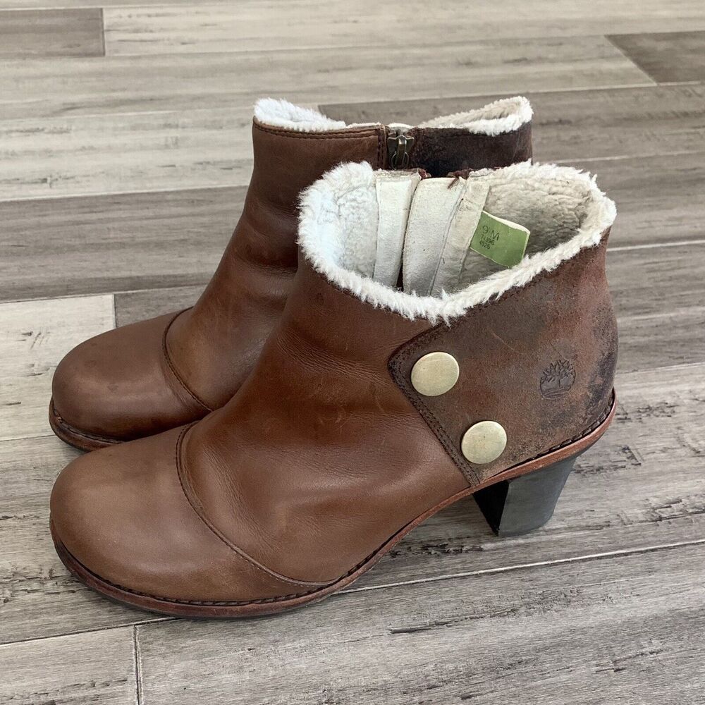 Timberland Womens Brown Leather Heeled Lined Side Zip Fashion Boots Sz 9.5